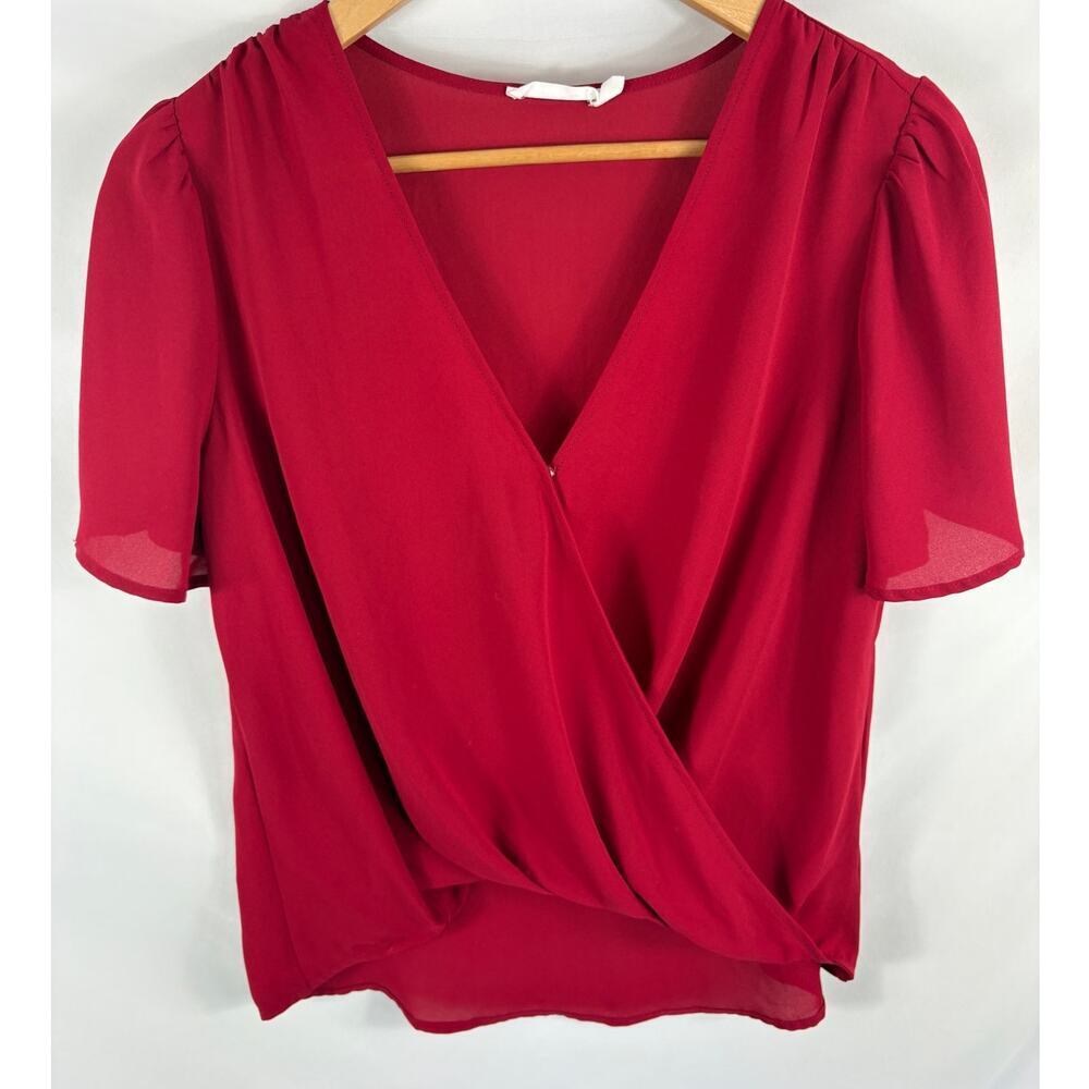 Lush Red V Neck Chiffon Flowy Short Sleeve Blouse Size Small
